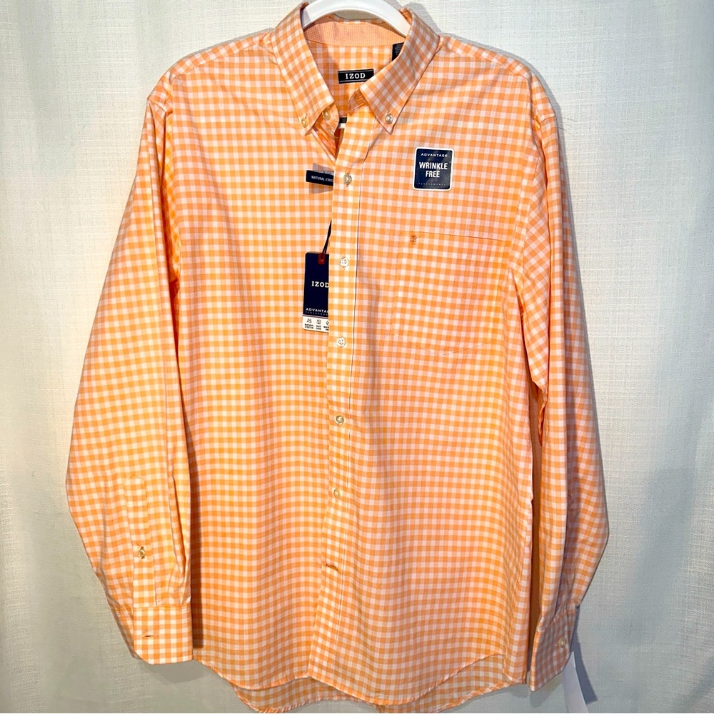 IZOD Wrinkle Free Orange and White Gingham Plaid Button Down Shirt Size Large